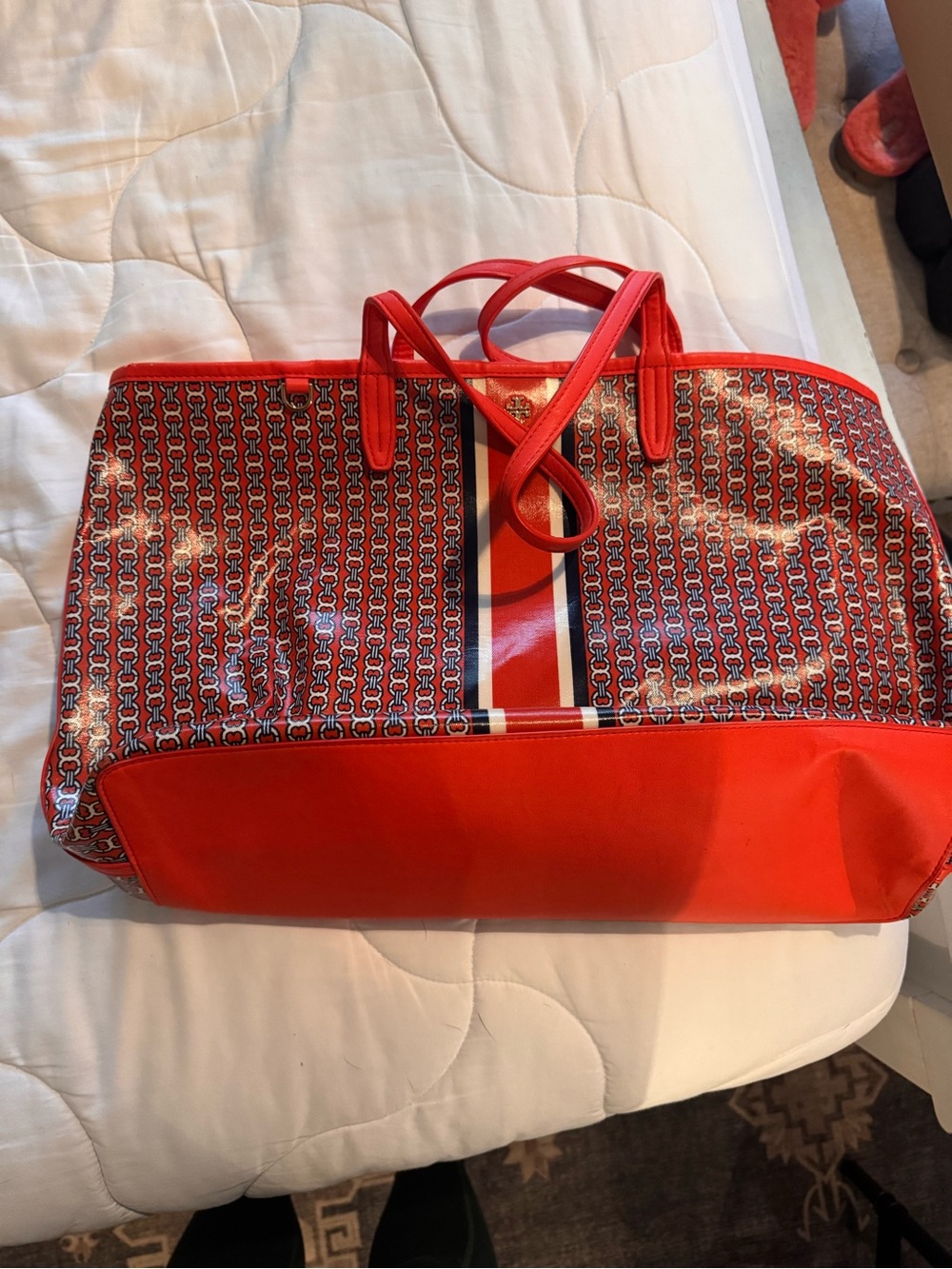 Tory Burch Red Patterned Coated Canvas Tote with Center Stripe